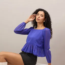 DRAAX Fashions Solid Gathered or Pleated Square Neck Cuffed Sleeves Peplum Crop Top-picture-54