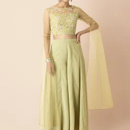 INDYA X Shraddha Kapoor Green Floral Embroidered Maxi Sleeve Crop Top-image-26