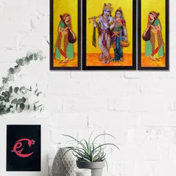 eCraftIndia Set Of 3 Yellow & Green Lord Krishna With Radha Satin Matt Texture UV Wall Art-5