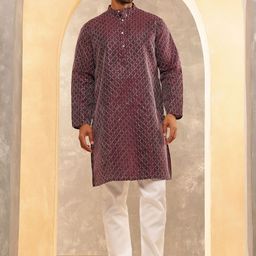 Anouk Geometric Embroidered Thread Work Band Collar Silk Cotton Kurta with Pyjamas-image-46