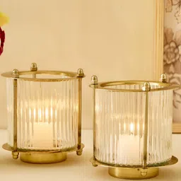Home Centre Raga Anokha Gold-Toned 2 Pieces Glass Ribbed Hurricane Candle Holder-image-4