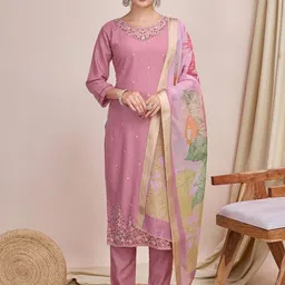 BINDUDI Floral Embroidered Round Neck Chanderi Silk Straight Kurta With Trouser & Dupatta-image-33