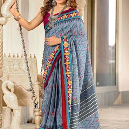 Suha Blue Pure Cotton Printed Block Print Sarees-picture-34