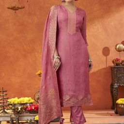 Saanjh Floral Woven Design V-Neck Tissue Silk Straight Kurta With Trousers & Dupatta-image-16