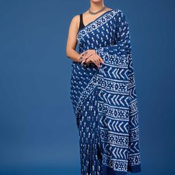 Taavi Ethnic Motifs Block Printed Cotton Dabu Saree With Unstitched Blouse-image-94