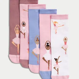 Marks & Spencer Girls Pack Of 5 Ballerina Patterned Ankle-Length Socks-57