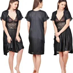PHALIN Solid Satin Nighty and Robe Set - Black (Size - Free )-image-79