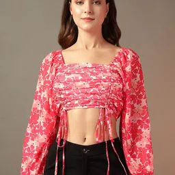 BAESD Women Floral Print Puff Sleeve Crop FittedTop-image-96