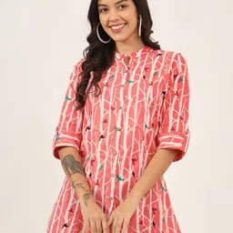 BAESD Floral Print Mandarin Collar Roll-Up Sleeves Ethnic Cotton Top-image-71