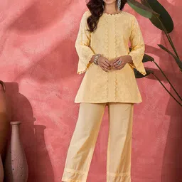 Sangria Schiffli Embroidered Pure Cotton Top & Trousers Co-Ord Set-image-8