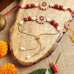 Sangria Stone-Studded & Beaded Bhaiya Bhabhi Thread Rakhis With GreetingCard & Roli Chawal-image-15