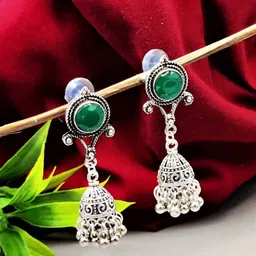 Yash Jewels Emporiums Silver-Plated Artificial Stones Studded Oxidised Dome Shaped Jhumkas-image-74