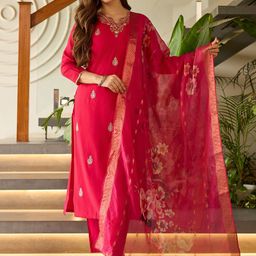 Navlik Women Paisley Embroidered Regular Thread Work Kurta with Trousers & With Dupatta-image-69