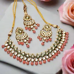 Anouk Peach Coloured Gold-Plated Kundan-Studded & Beaded Jewellery Set-33