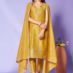 KALINI Ethnic Motifs Woven Design Jacquard Pure Silk Kurta With Trousers & Dupatta-image-22