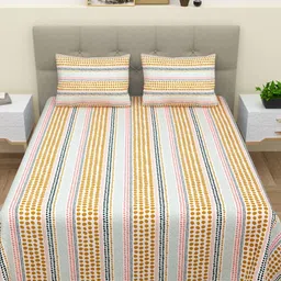 Myntra Elegant Homes Orange & Blue Ethnic Motifs 180 TC King Bedsheet with 2 Pillow Covers-image-90