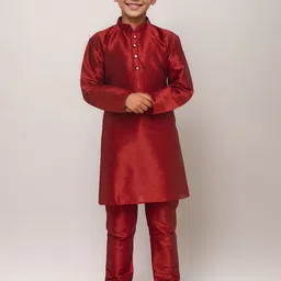 DEVOILER Boys Woven Design Mandarin Collar Dupion Silk Straight Kurta-image-10