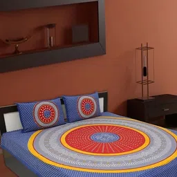 Aura Blue & Red Ethnic Motifs Printed 144 TC Cotton Queen Bedsheet Set 2.10 m x 2.30 m-picture-9