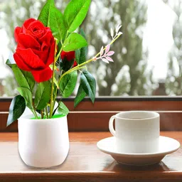 DeoDap Red And Green Artificial Flower Rose With Pot-2
