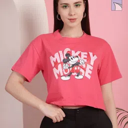 Dreambe Women Pack of 2 Mickey Mouse Typography Printed Round Neck Cotton Boxy T-shirts-image-98