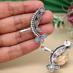 PREYANS Women Brass Silver-Plated American Diamond Studded Leaf Shaped Stud Earrings-image-50