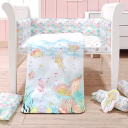 Fancy Fluff Girls 7-Pcs White & Sea-Green Printed Organic Cotton Baby Bed Set-image-87