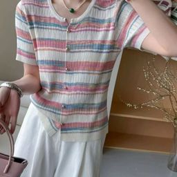 KPOP Women Round Neck Short Sleeves Horizontal Stripes Top-image-50