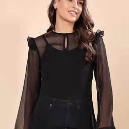 MINOS Women Keyhole Neck Flared Sleeves Sheer Top-picture-3