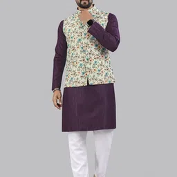 WELL TEX Striped Mandarin Collar Straight Kurta With Pyjamas And Nehru jacket-image-73