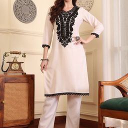 ADORNIA Ethnic Motifs Yoke Design V-Neck Thread Work Pure Cotton Straight Kurta & Trousers-picture-10