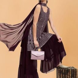 PARROT CREATION Women Embroidered Regular Sequinned Kurti with Sharara & With Dupatta image 2