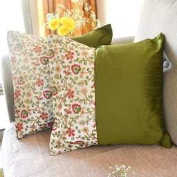PILOVILO Green & Pink 2 Pieces Floral Embroidered Silk Square Cushion Covers-16