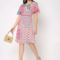 NOT SO PINK Women Print Flared Sleeve Georgette A-Line Dress-image-33