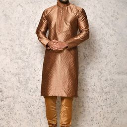 RANAK Geometric Woven Design Mandarin Collar Art Silk Straight Kurta With Churidar-image-25