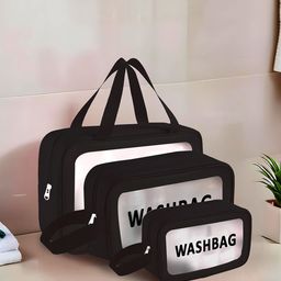 Kuber Industries Black & Transparent 3 Pieces Printed Leather Makeup Kit Bag-7