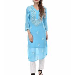 BEAUTY CHIKAN HANDICRAFTS Floral Embroidered V-Neck Mirror Work Georgette Kurta-image-77