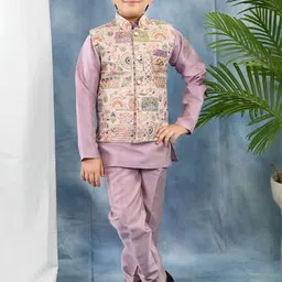 Sangria Boys Cotton Silk Kurta & Pyjama Set With Embroidered Waistcoat-picture-3