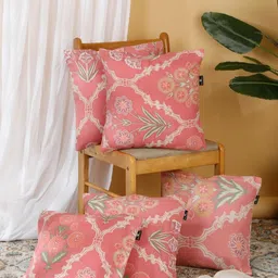 Arrabi Pink & Green Set of 5 Floral Square Cushion Covers-18