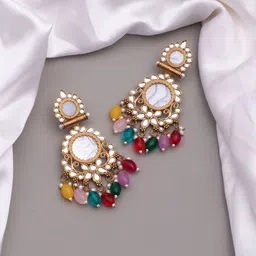 BELWICK Brass-Plated Kundan Studded And Pearls Beaded Circular Shaped Drop Earrings-15