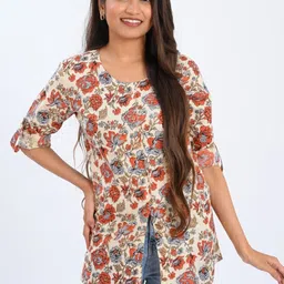 30 Looks Women Floral Printed Roll-Up Sleeves Pure Cotton Kurti-image-26