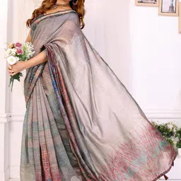 HERE&NOW Grey Printed Cotton Blend Chanderi Sarees-picture-10