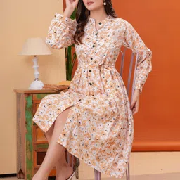 JC4U Women Floral Printed Mandarin Collar Fit & Flare Midi Dress-picture-19