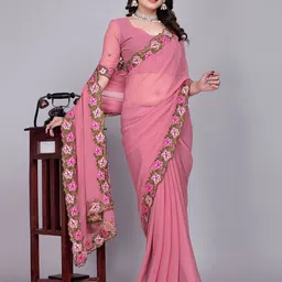 Sadika Women Floral Embroidered Kantha Work Poly Georgette Kovai Saree-image-21