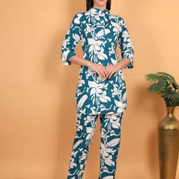 Fihana Floral Printed Mandarin Collar Straight Tunic With Trousers-image-80