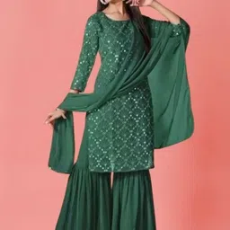 PARROT CREATION Embroidered Straight Sequinned Kurta With Sharara And Dupatta-image-66