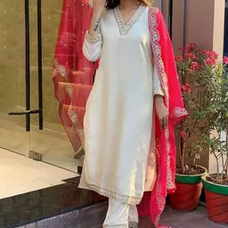 Lilots Women Embroidered V-Neck Kurta with Trousers & Dupatta-36