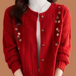 bebe Women Self Design Cable Knit Floral Embroidered Cardigan-picture-31