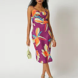 Globus Floral Print Sweetheart Neck Shoulder Strap Cut-Out Detail Midi Bodycon Party Dress-image-11