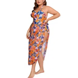 Plus Curvves Women Plus Flower Printed Side Wrap One Piece Swimsuit With Cover Up-34