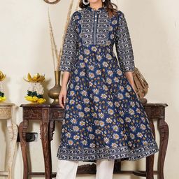 IKRASS Floral Printed Mandarin Collar A Line Pure Cotton Kurta-image-66